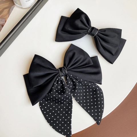 Pinza para el Pelo con Lazo de Tela de Satén Hecha a Mano para Mujer Negro Lunares Cinta Larga Horquilla Con Strass Accesorio