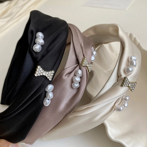 Französischer Stil Satin Geknotetes Stirnband Für Damen Mit Künstliche Perle Strass Schmetterling Elegant Breit Haarreif Accessoire