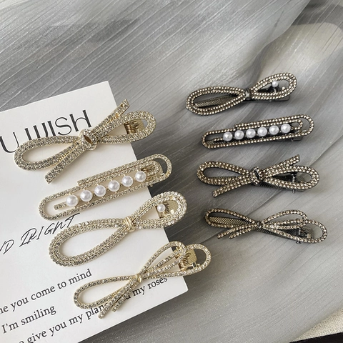 Squisito Fermaglio per Capelli con Fiocco in Strass per Donna Elegante Clip a Becco d'Anatra in Lega con Finta Perla Artificial Accessori