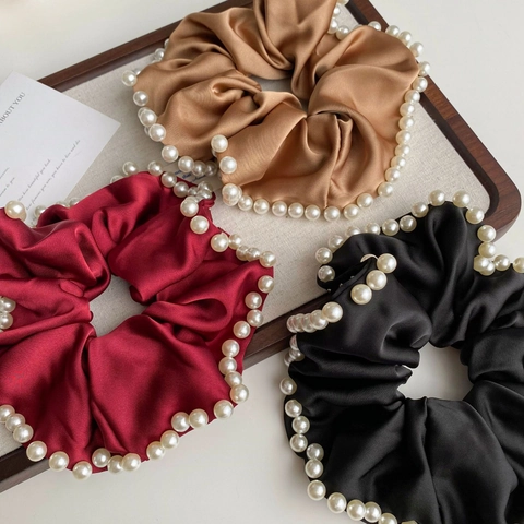 Coletero de Tela de Satén Vintage Francés Con Perla Artificial Elegante Gran Lazo Elástico para el Cabello para Mujer Joyería