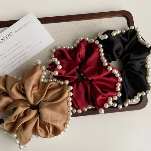 Coletero de Tela de Satén Vintage Francés Con Perla Artificial Elegante Gran Lazo Elástico para el Cabello para Mujer Joyería