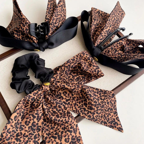 Leopardenmuster Schleife Haargummis Vintage Stoff Scrunchies Schwarz Satinband Haarklammern Bananenspangen Für Damen Styling