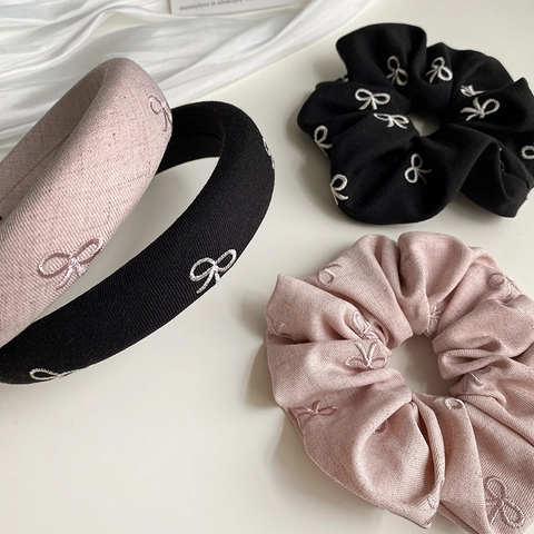 Scrunchie Fiocco Ricamato E Cerchietto Imbottito Stile Francese Dolce Accessori Capelli Donna Nero Rosa Elastici Pelo