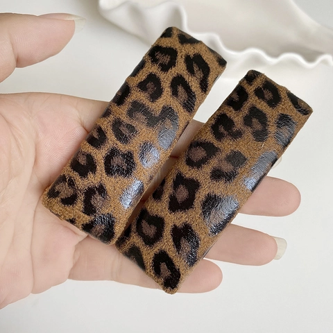 Vintage Leopard Print Leather Rectangle Hair Clips For Women Korean Style Fashion BB Snap Side Clips Headwear Accessory