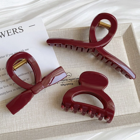 Elegante Molla per Capelli Grande Rosso Vino Pince in Resina Lucida Accessorio Moda Acconciatura per Donna Quotidiano Festa