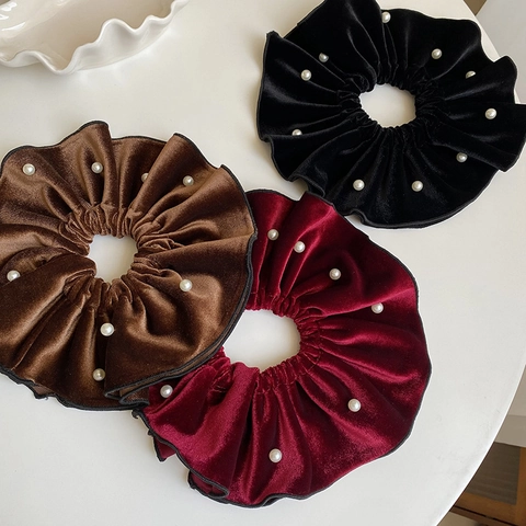 Elastici per Capelli in Velluto con Künstliche Perle Grandi Donna Eleganti Doppio Strato Plissettati Accessori per Capelli Retro