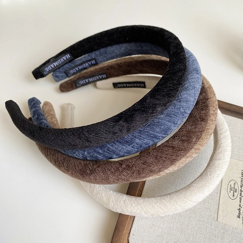 Diadema de Terciopelo con Esponja Engrosada para Mujer Diseño de Parte Superior Craneal Alta Color Sólido Vintage Hecha a Mano