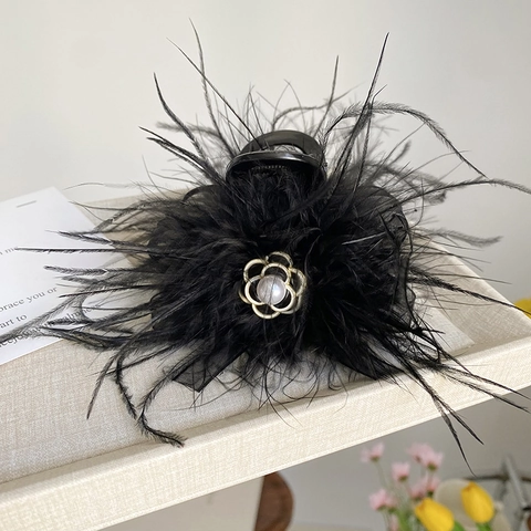 Fermaglio per Capelli in Piuma Nera Vintage Francese Con Camelia e Perla Artificial Sintetica Elegante Pinza a Squalo Donna Accessori