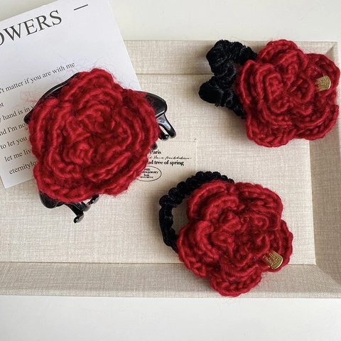 Fermaglio per Capelli Rosa Rossa a Maglia Fatto a Mano Elastico per Capelli Fiore Lana Vintage Accessori Capelli Coreani
