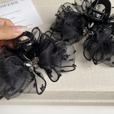 Grande Pinza per Capelli in Rete Nera con Fiocco a Pois Elegante Farfalla di Strass Molletta a Squalo Accessori Capelli Donna Regalo