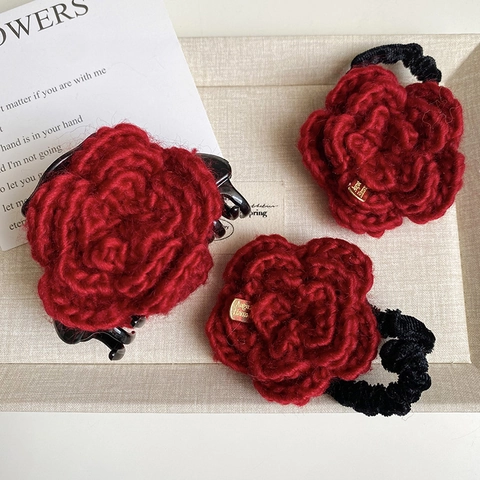 Fermaglio per Capelli Rosa Rossa a Maglia Fatto a Mano Elastico per Capelli Fiore Lana Vintage Accessori Capelli Coreani