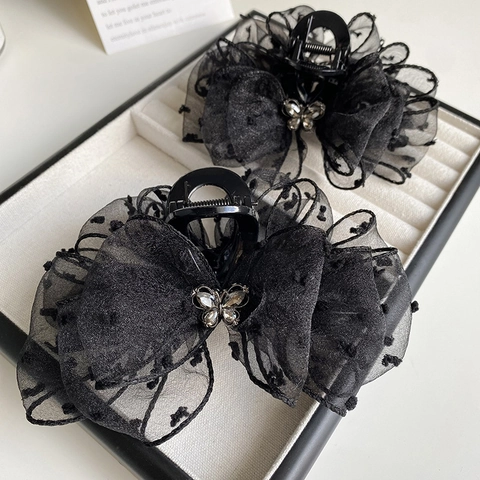 Grande Pinza per Capelli in Rete Nera con Fiocco a Pois Elegante Farfalla di Strass Molletta a Squalo Accessori Capelli Donna Regalo