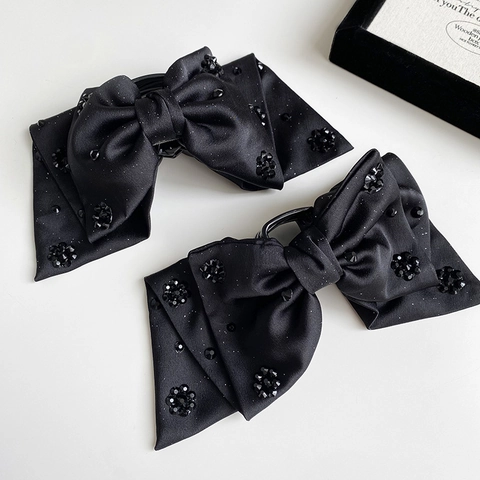 Vintage Black Satin Bow Hair Claw Clip With Rhinestone Flower For Women Elegant Large Bowknot Hair Accessories Hairpin Gift