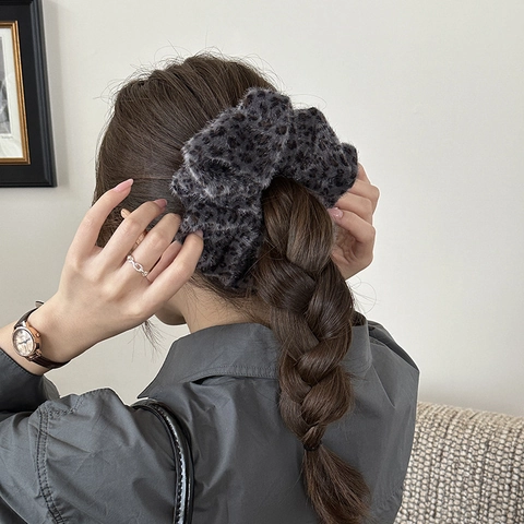 Vintage Leopardenmuster Plüsch Haargummis Weich Kunstpelz Haarbänder Elastisch Herbst Winter Große Haargummis Für Damen Accessoires