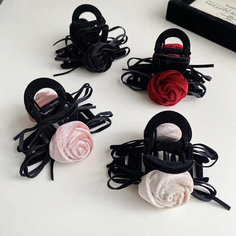 Eleganter Samt Rose Blume Haarklammer Französisch Vintage Schleife Haifisch-Clip Ponytail Haarschmuck Für Damen