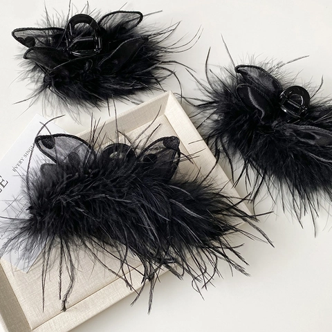 Pinza per Capelli Farfalla con Piume Nere Vintage Elegante Gotico in Rete Grande Fermaglio per Capelli Accessorio Donna Festa