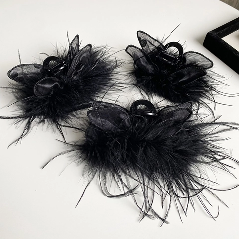 Pinza per Capelli Farfalla con Piume Nere Vintage Elegante Gotico in Rete Grande Fermaglio per Capelli Accessorio Donna Festa