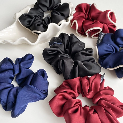 Vintage High Elastic Satin Scrunchies Elegant Solid Color Hair Ties With Contrast Edge And Letter Label For Women Fashion Hair Accessories