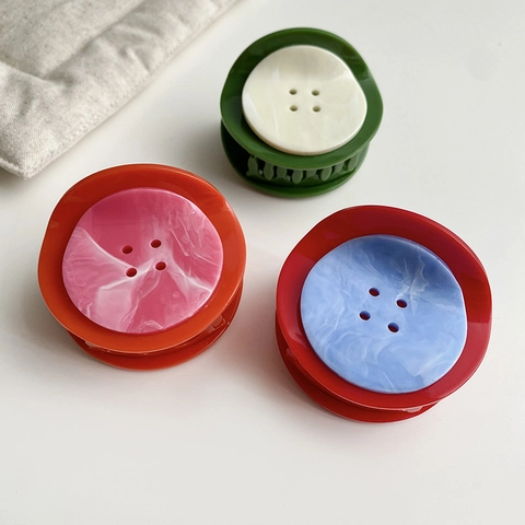 French Style Button Design Hair Claw For Women Sweet Marble Pattern Resin Hair Clip Elegant Dopamine Color Hair Accessory