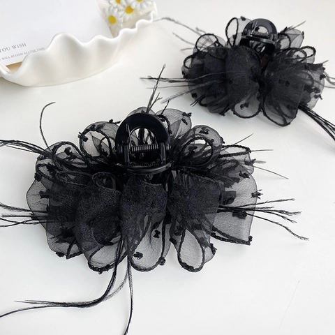 Elegante Zwarte Mesh Bloem Haarklem Stippen Veren Frans Vintage Grote Haarklauw Vrouwen Mode Haaraccessoires