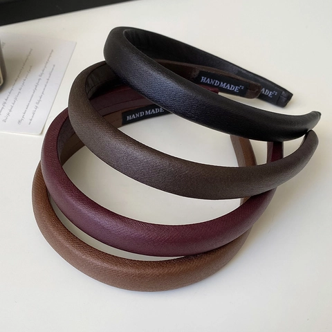 Vintage Padded PU Leather Headband For Women Korean Style Simple Solid Color Thickened Handmade Hair Hoop Headwear Accessory