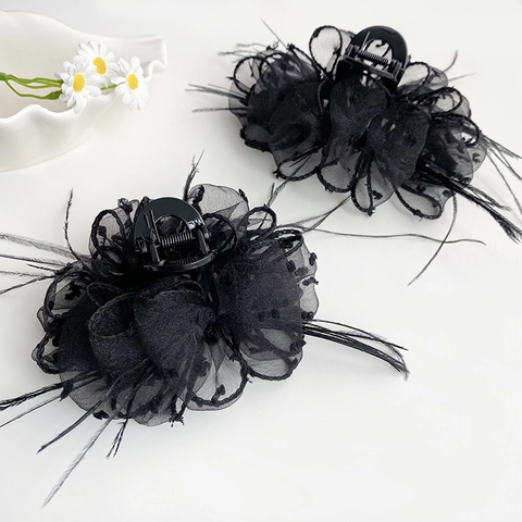 Elegante Zwarte Mesh Bloem Haarklem Stippen Veren Frans Vintage Grote Haarklauw Vrouwen Mode Haaraccessoires