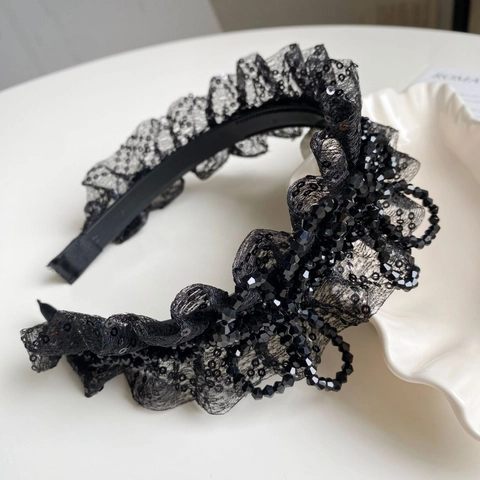 Vintage Schwarz Spitze Pailletten Perlen Haarreif Strass Blume Elegant Party Haarschmuck Für Damen