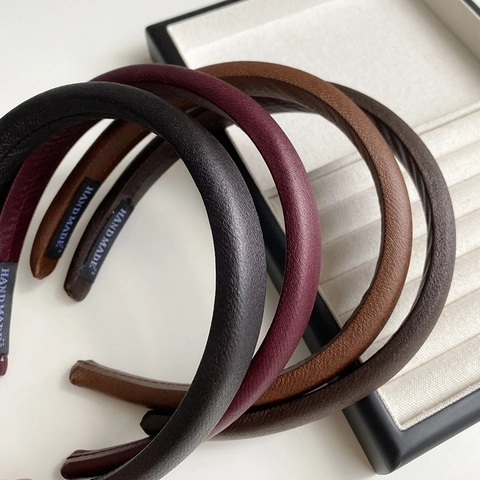 Vintage Padded PU Leather Headband For Women Korean Style Simple Solid Color Thickened Handmade Hair Hoop Headwear Accessory