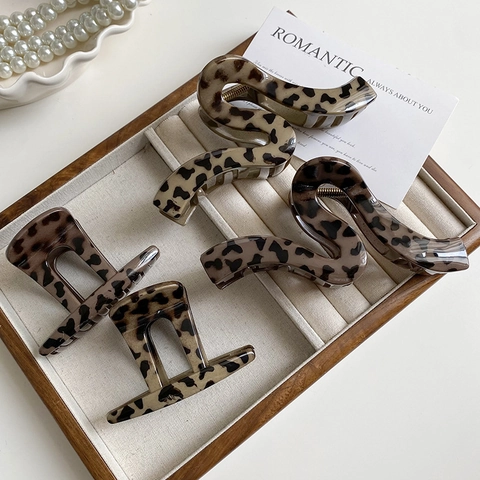 Retro Luipaardprint Haarklem Grote Hars Haargrijper Franse Vintage Golvende Vorm Geometrische Haaraccessoires Voor Vrouwen Haarstyling