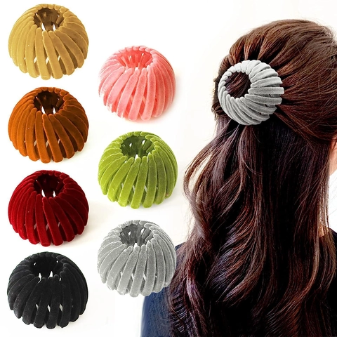 Koreaanse Stijl Gevlokte Vogelnest Haarclip Voor Vrouwen Telescopische Paardenstaarthouder Ronde Uitbreidbare Knotmaker Elegante Haarsieraden