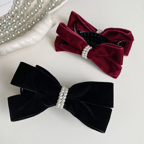 Elegante Pinza per Capelli con Fiocco in Velluto e Perle Artificiali Stile Francese Accessori per Capelli Vintage da Donna