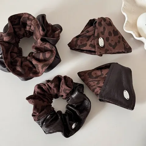 Vintage Leopardenmuster Stoff Kunstleder Patchwork Haarklammer Und Schleife Haargummi Koreanischer Stil Haarschmuck Für Damen