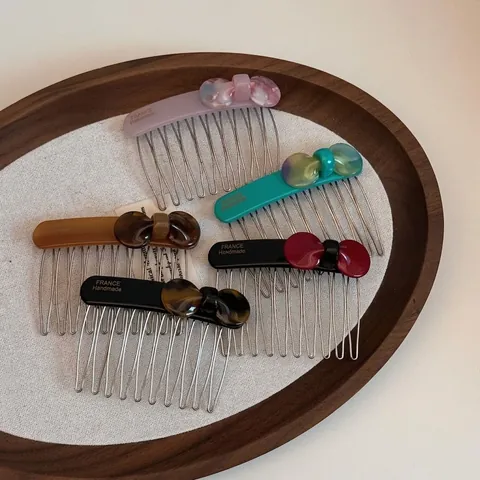 French Handmade Cellulose Acetate Bow Hair Comb Metal Teeth Insert Comb Marble Tortoise Pattern Hair Accessory For Women