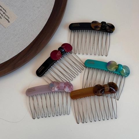 French Handmade Cellulose Acetate Bow Hair Comb Metal Teeth Insert Comb Marble Tortoise Pattern Hair Accessory For Women