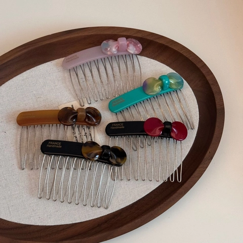 French Handmade Cellulose Acetate Bow Hair Comb Metal Teeth Insert Comb Marble Tortoise Pattern Hair Accessory For Women