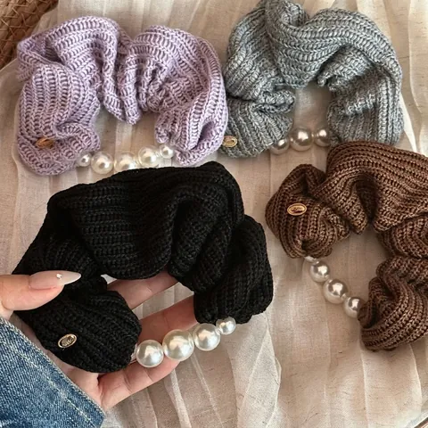 Chouchou en Tricot Style Coréen Avec Perle Artificielle Grand Élastique à Cheveux Élégant Accessoires de Cheveux Automne Hiver Femme