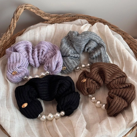 Chouchou en Tricot Style Coréen Avec Perle Artificielle Grand Élastique à Cheveux Élégant Accessoires de Cheveux Automne Hiver Femme