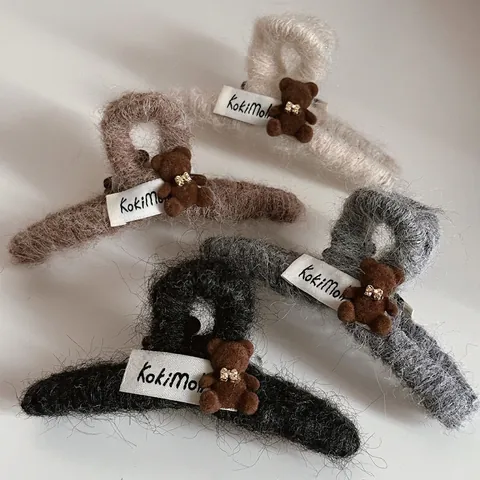 Vrouwen Schattige Teddybeer Pluche Haarklem Handgemaakte Strik Kunstbont Haargrijper Groot Elegant Herfst Winter Haaraccessoires