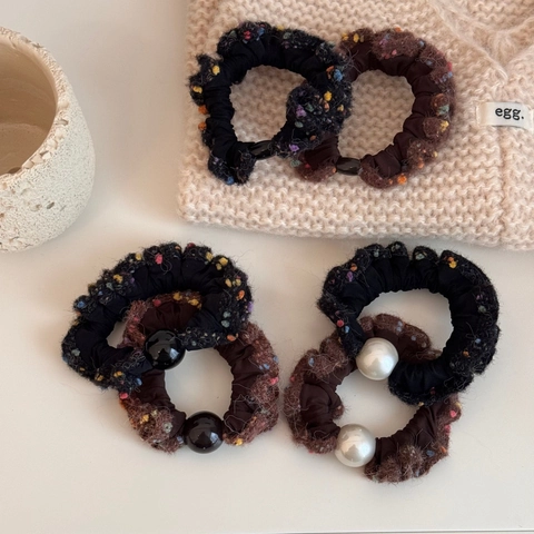 Korean Style Lace Artificial Pearl Scrunchie High Elastic Hair Tie Tweed Fabric Dots Hair Rope For Women Daily Hair Accessories