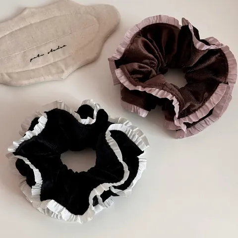 Vintage Double Layered Lace Fabric Corduroy Large Scrunchies For Women Ruffle Edge High Elasticity Hair Ties Hair Accessories
