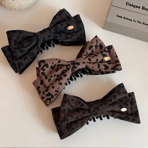 Pinza de Pelo de Banana con Lazo de Leopardo Vintage Lazo Grande de Tela Soporte de Cola de Caballo para Mujer Accesorios de Pelo de Estilo Coreano