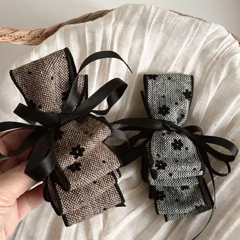 French Vintage Tweed Bow Hair Clip Elegant Multi Layer Banana Clip With Satin Ribbon Flower Pattern Hair Accessories For Women