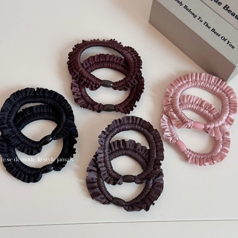 High Elasticity Satin Scrunchie Pleated Ruffle Hair Tie With Decorative Bead Ponytail Holder Korean Style For Women Girls