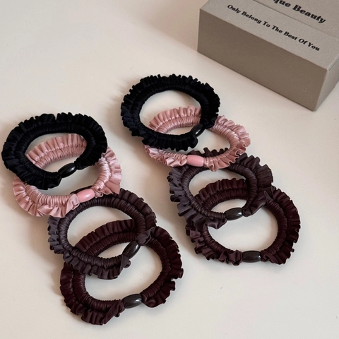 High Elasticity Satin Scrunchie Pleated Ruffle Hair Tie With Decorative Bead Ponytail Holder Korean Style For Women Girls