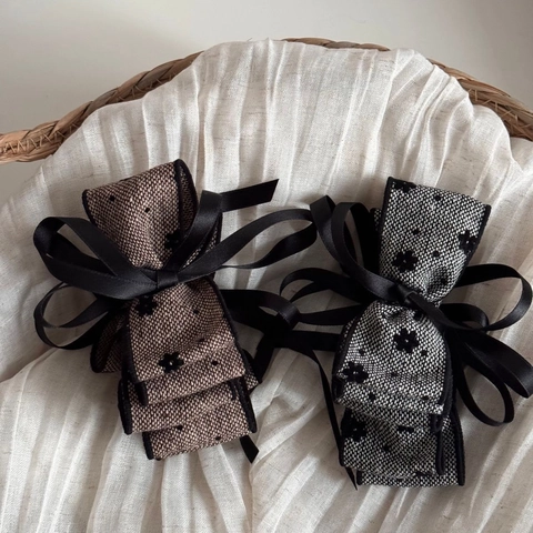 French Vintage Tweed Bow Hair Clip Elegant Multi Layer Banana Clip With Satin Ribbon Flower Pattern Hair Accessories For Women