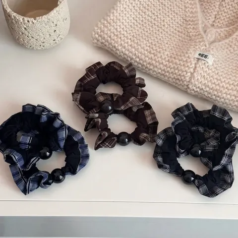 Vintage Karo Stoff Haargummis Mit Dekorativer Schwarzer Perle Koreanischer Stil Elastische Scrunchies Für Damen Haarschmuck