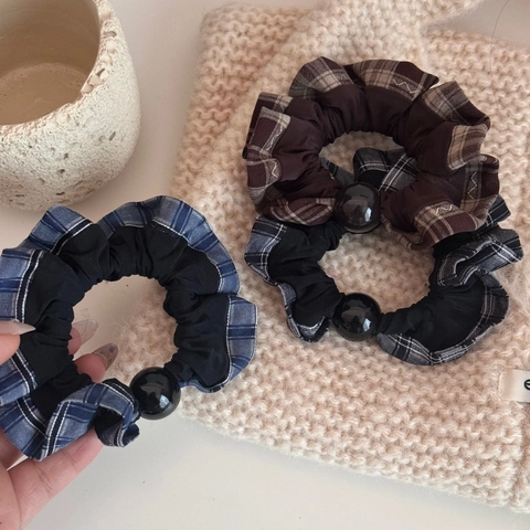 Vintage Karo Stoff Haargummis Mit Dekorativer Schwarzer Perle Koreanischer Stil Elastische Scrunchies Für Damen Haarschmuck