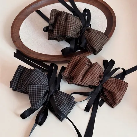 Vintage Plaid Houndstooth Bow Hair Clip Elegant Cloth Satin Ribbon Large Banana Clip For Women Retro Hair Accessories