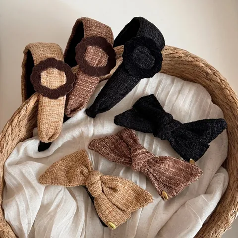 Vintage Tweed Plaid Wide Headband For Women Elegant Flower Hairband Bowknot Hair Clip Niche Retro Style Hair Accessories