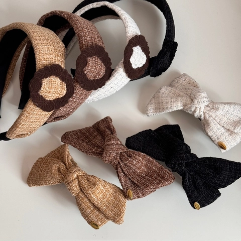 Vintage Tweed Plaid Wide Headband For Women Elegant Flower Hairband Bowknot Hair Clip Niche Retro Style Hair Accessories